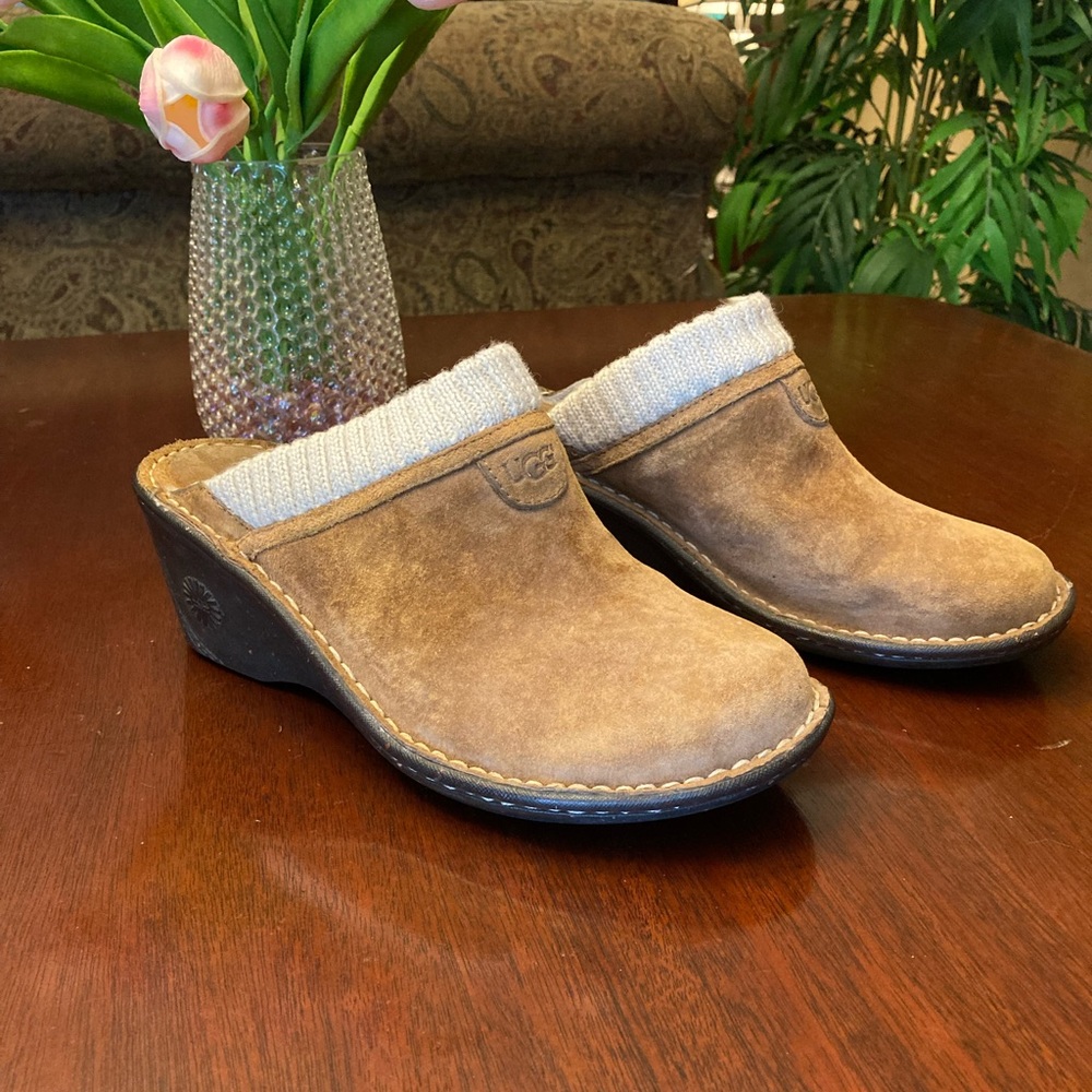 UGG Brown Suede Clogs with Cream Trim